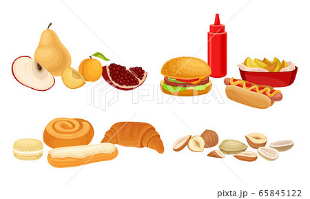 Food Compositions with Sugary Dessert, Fruits and Fast Food as Harmful and Healthy Nutrition Vector Set 65845122