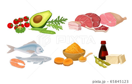 Food Compositions with Fish, Meat and Vegetables as Source of Vitamins Vector Set 65845123