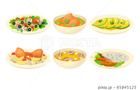 Dishes with Meat and Vegetables Served on Plate Vector Set Dishes with Meat and Vegetables Served on Plate Vector Set 65845125