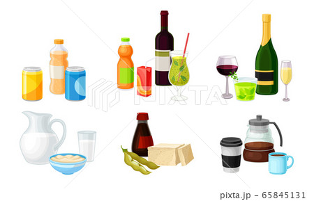 Different Drinks in Bottles and Cans with Sparkling Water and Wine Vector Set 65845131