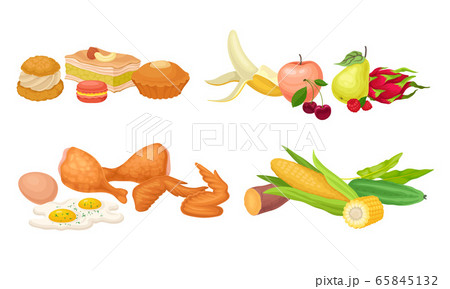 Food Compositions with Dessert, Fruits and Vegetables Vector Set 65845132
