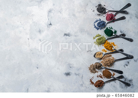 Super powders in spoons - matcha, turmeric, ginger, cocoa, spirulina, chia, cinnamon, black sesame Super powders in spoons - matcha, turmeric, ginger, cocoa, spirulina, chia, cinnamon, black sesame 65846082