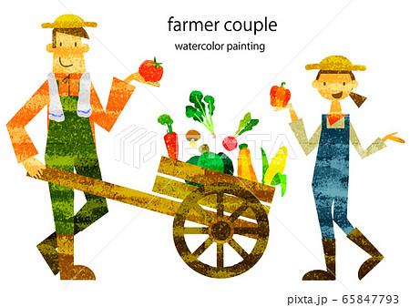 ファーマーズマーケット 農家のカップル 水彩テクスチャのイラスト素材