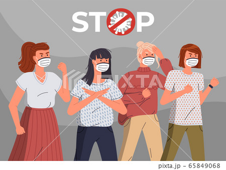 Group of women in medical masks calling to stop virus spreading at grey background, world epidemy 65849068