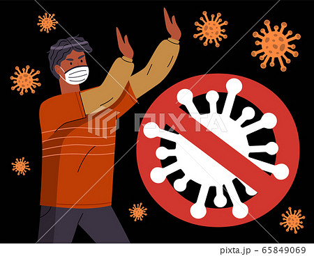 Black man in face protective mask show stop gesture to spread virus, crossed out sign with virus 65849069