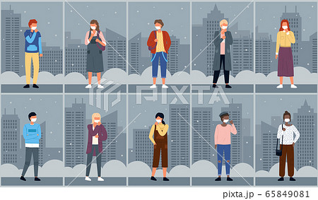 Set of multinational characters wearing face medical masks at night city background, viral epidemic 65849081