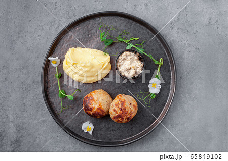 Homemade chicken meat patties with sauce, mashed potatoes 65849102