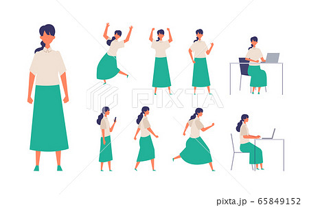 歩く 座る 走る 様々な全身ポーズの女性イラストのイラスト素材