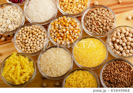 Flat lay view at set of various legumes and grains 65849968