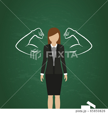 business woman with drawn muscular arms on blackboard background 65850826