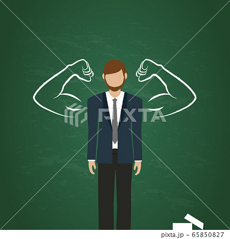 business man with drawn muscular arms on blackboard background 65850827