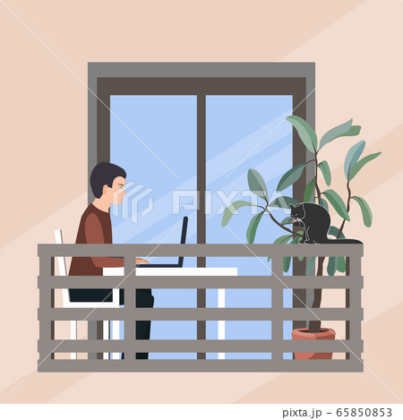 Young man working with laptop on open balcony with a cat and big houseplant tree, vector illustration Young man working with laptop on open balcony with a cat and big houseplant tree, vector illustration 65850853