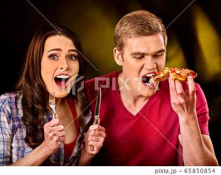 Takeaway food pizza for couple man and woman 65850854