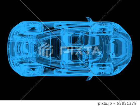 Top view of a wireframe blue car on a black 65851378
