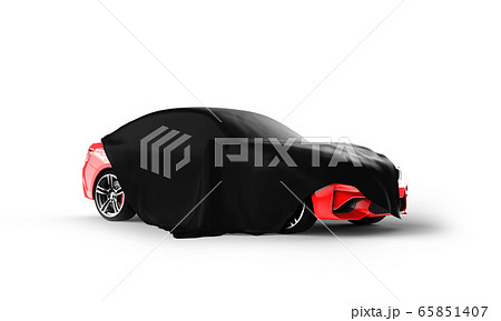 New car hidden under black cover on white 65851407