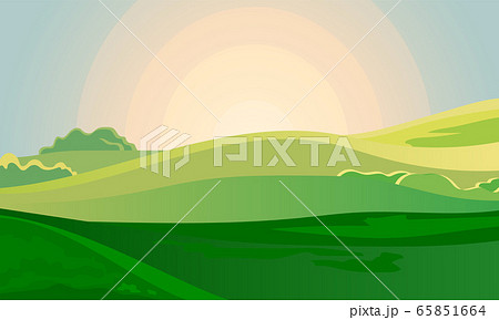 Summer green landscape field dawn above hills with grass. Sunrise in countryside. Cartoon eco farm park. Vector illustration nature backdrop Summer green landscape field dawn above hills with grass. Sunrise in countryside. Cartoon eco farm park. Vector illustration nature backdrop 65851664
