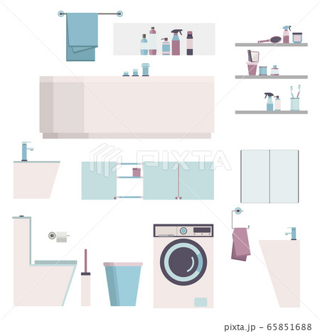Bathroom modern furniture set. Constructor house equipment icon washing machine, toilet, mirror, bowl, washbasin. Vector illustration Bathroom modern furniture set. Constructor house equipment icon washing machine, toilet, mirror, bowl, washbasin. Vector illustration 65851688
