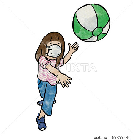 マスクをしてビーチボールで遊ぶ女の子のイラスト素材