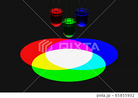 3DレンダリングによるLED光の3原色の加法混色のイラスト 65855932
