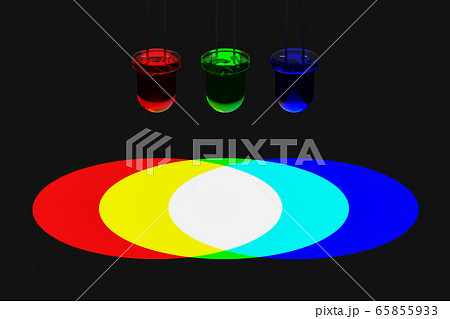 3DレンダリングによるLED光の3原色の加法混色のイラスト 65855933