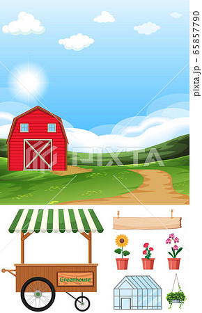 Farm scene with barn and other farming items 65857790