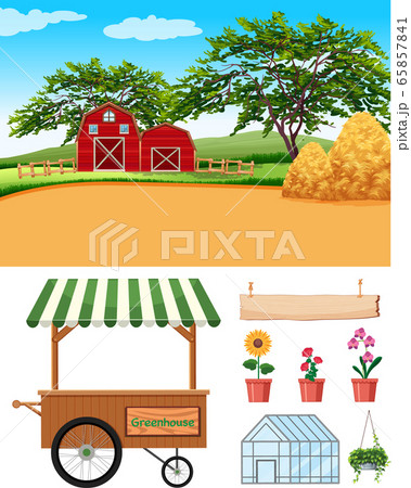 Farm scene with barns and farming items on the 65857841