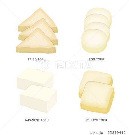 Set of Fresh Tofu and Bean Curd Slices. Organic and healthy food isolated element Vector illustration. 65859412