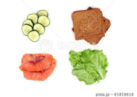 Ingredients for making sandwich. Salmon, fresh vegetables, cucumber, tomatoes, bread,. Isolated on white background, Ingredients for making sandwich. Salmon, fresh vegetables, cucumber, tomatoes, bread,. Isolated on white background, 65859618