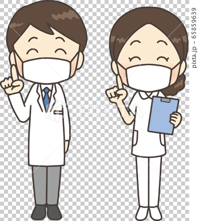 マスクして指差しする笑顔の医師と看護師のイラスト素材