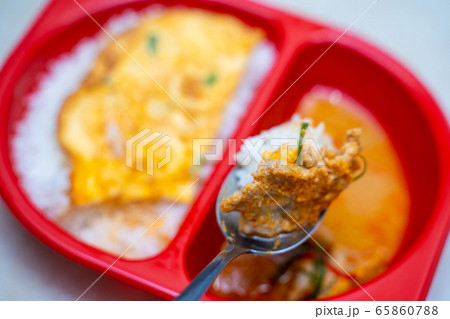 pork panaeng curry with rice and omelet pork panaeng curry with rice and omelet 65860788