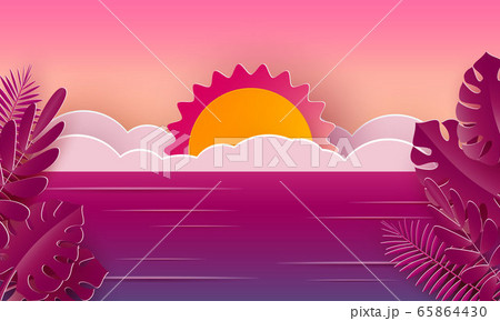 Sea waves and tropical pink leaves in the style of paper art. Vector illustration. A poster with a summer vacation in the design of paper. Sea waves and tropical pink leaves in the style of paper art. Vector illustration. A poster with a summer vacation in the design of paper. 65864430