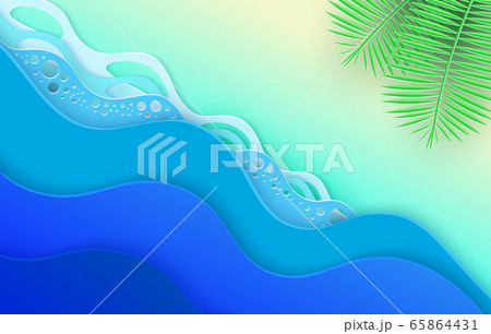 Abstract blue sea and beach summer background with paper waves and seashore. Cutted paper style. Vector illustration 65864431