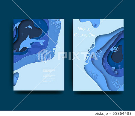 Paper art concept of World Oceans Day. A holiday dedicated to the protection and preservation of the oceans, water, ecosystems. Blue 3d origami kraft paper of sea waves, fish and plants.Vector  65864483
