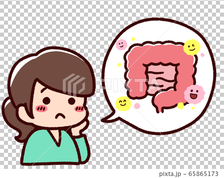 一個女人擔心她的健康語音氣球腸道和好細菌 65865173