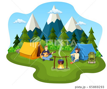 Group of young people are sitting around campfire Group of young people are sitting around campfire 65869293