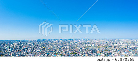 空撮パノラマ　松戸市矢切　江戸川上空から都心方向を望む 65870569