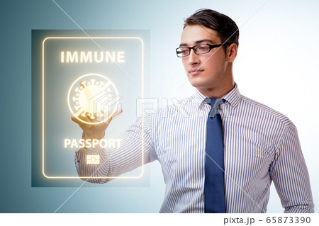 Concept of immunity passport - pressing virtual button Concept of immunity passport - pressing virtual button 65873390