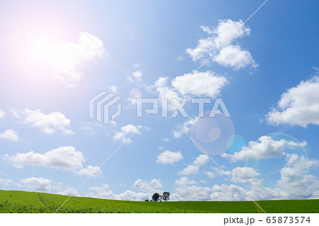 真夏の北海道の大自然 青い空と白い雲のイラスト素材