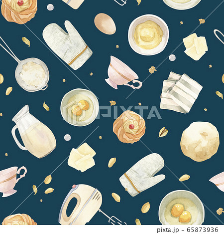 eamless pattern - cooking, baking equipment - milk pot, eggs, tea towel, sieve with flour, 65873936