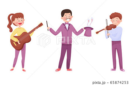 Young Street Performers with Girl Playing Guitar and Boy Performing Trick Vector Illustrations Set 65874253