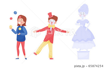 Young Street Performers with Girl Juggling with Balls and Boy in Clown Costume Vector Illustrations Set Young Street Performers with Girl Juggling with Balls and Boy in Clown Costume Vector Illustrations Set 65874254