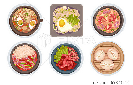 Asian Food with Noodle Soup and Seafood Dishes Served on Plate Top View Vector Set 65874416