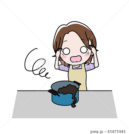 料理で失敗をして慌てる女性のイラスト素材
