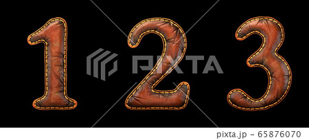 Set of numbers 1, 2, 3 made of leather. 3D render font with skin texture isolated on black background. 65876070
