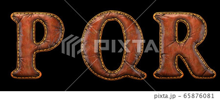 Set of leather letters P, Q, R uppercase. 3D render font with skin texture isolated on black background. 65876081