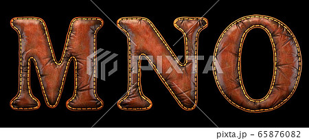 Set of leather letters M, N, O uppercase. 3D render font with skin texture isolated on black background. 65876082