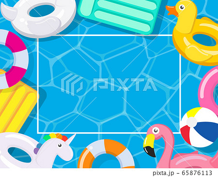 Pool party frame with pool floats on swimming pool 65876113