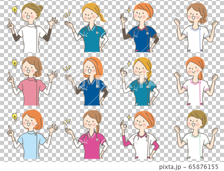 Young woman doctor nurse chiropractor lab coat facial expression set 65876155