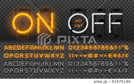 Big orange neon set, glowing alphabet, vector Font. Glowing text effect. On and Off lamp. Neon Numbers and punctuation marks. isolated on transparent background. Big orange neon set, glowing alphabet, vector Font. Glowing text effect. On and Off lamp. Neon Numbers and punctuation marks. isolated on transparent background. 65876186