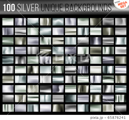 Mega set of 100 unique silver backgrounds. Silvery glossy fabric with shimmery metallic colors. Vector illustration 65876241